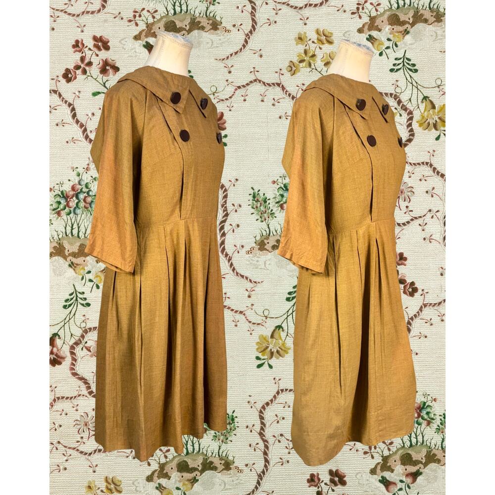 Vintage 50s Kerrybrooke Sears Nutmeg Pointed Collar Pleated Shirtwaist Dress L - Picture 2 of 6